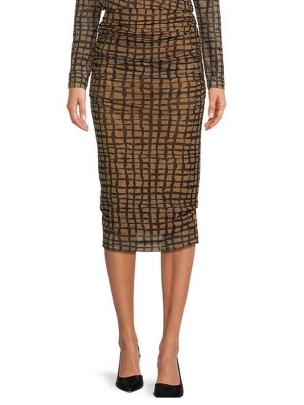 NWT $70 Calvin Klein Black & Tan Rusched Midi Skirt L/XL